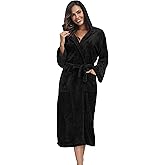 Womens Hooded Plush Bathrobe Warm Fleece Soft Long Robe Fuzzy Full Length Gown Shower Spa House Kimono for Women