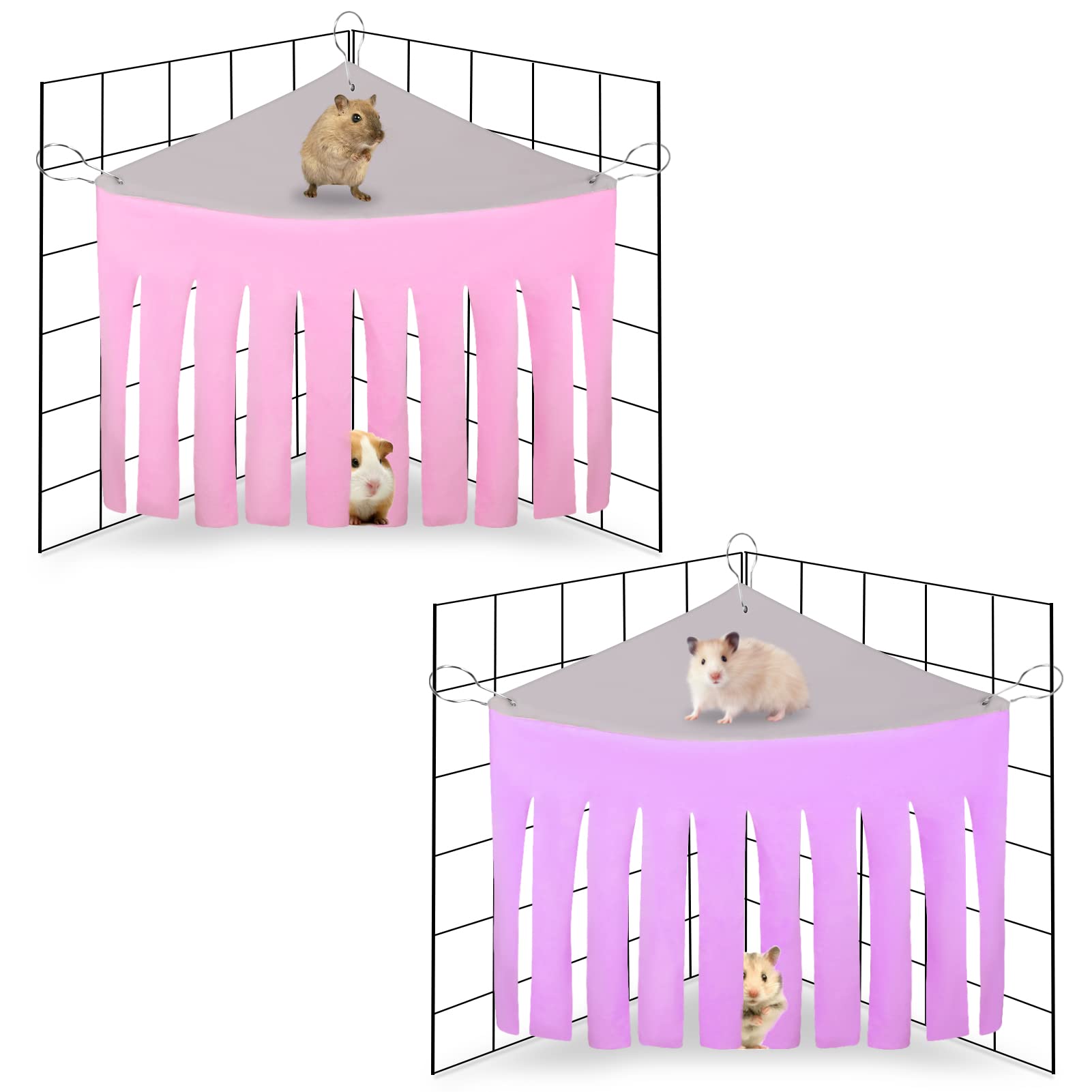 AKlamater 2 Packs Guinea Pig Hideout Corner Hideaway Hammock Corner, Fabric Forest Curtain Hideouts for Small Animals, Hammock Hanging Bed Corner for Hamster Guinea Pig Squirrel Rabbit(Pink+Purple)