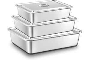 Tiangrid 3 Pcs Stainless Steel Bus Tubs with Lid 4" Deep Meat Commercial Tote Box Dishwashing Utility Prep Tub Table Pans, Silver (15.7 x 11.8 Inch,17.7 x 13.7 Inch,19.7 x 13.8 Inch)