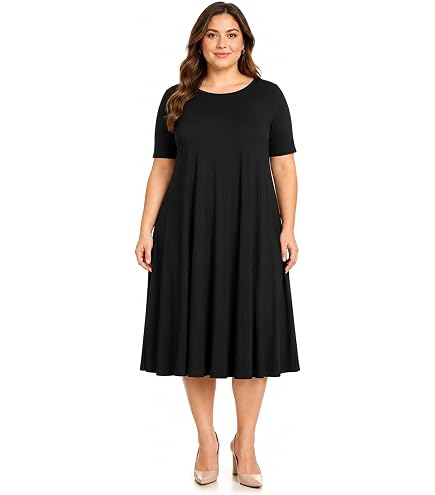 black jersey dress plus size Oversize Solid Casual Loose Fit Short Sleeve Knit A-Line Midi XL at Amazon Women's Clothing store Midi dress