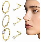 Masedy 6PCS 18G 20G Surgical Steel Nose Ring for Women Men Clicker Hoop Nose Rings CZ L Shaped Nose Stud Hinged Septum Nose Hoop Cartilage Conch Rook Ring Lip Tragus Piercing Jewelry 7-9MM
