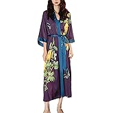 Daiwor Kout Silk Satin Robe for Women Long Japanese Kimono Robe Lightweight Soft Bathrobe Floral Luxury Dressing Gown