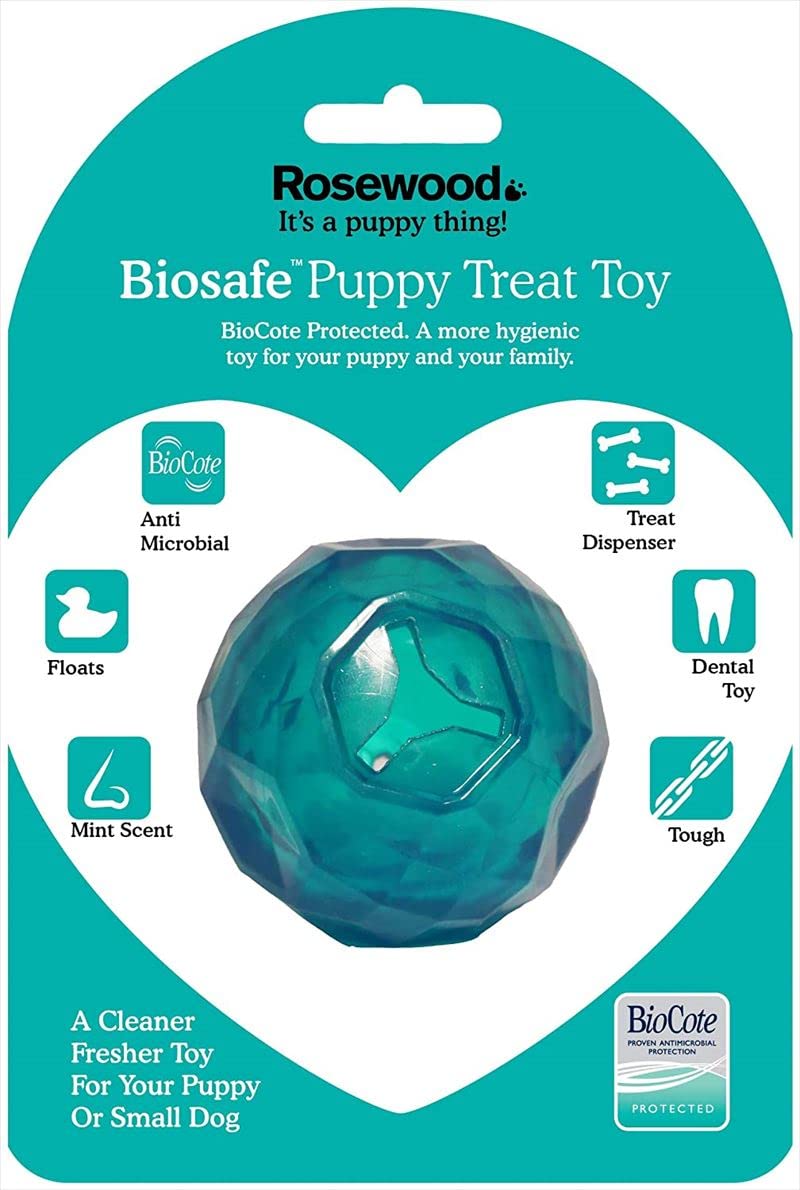 Rosewood BioSafe Treat Ball for Dogs and Puppies – Durable, Hygienic, Interactive Puppy Toy, Mint Scented, Antimicrobial, Promotes Dental Health, Suitable for All Dog Breeds, Blue