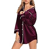 SWOMOG Women's Satin Sleep Shirt Long Sleeve Sleepwear Silk Nightshirt Button Down Pajama Top