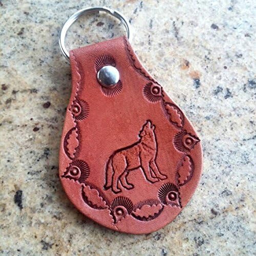 Leather key fob handtooled howling wolf