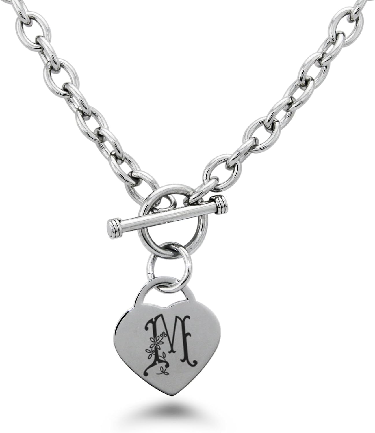 Amazon Com Stainless Steel Letter M Initial Floral Monogram Heart Charm Toggle Necklace Only Jewelry