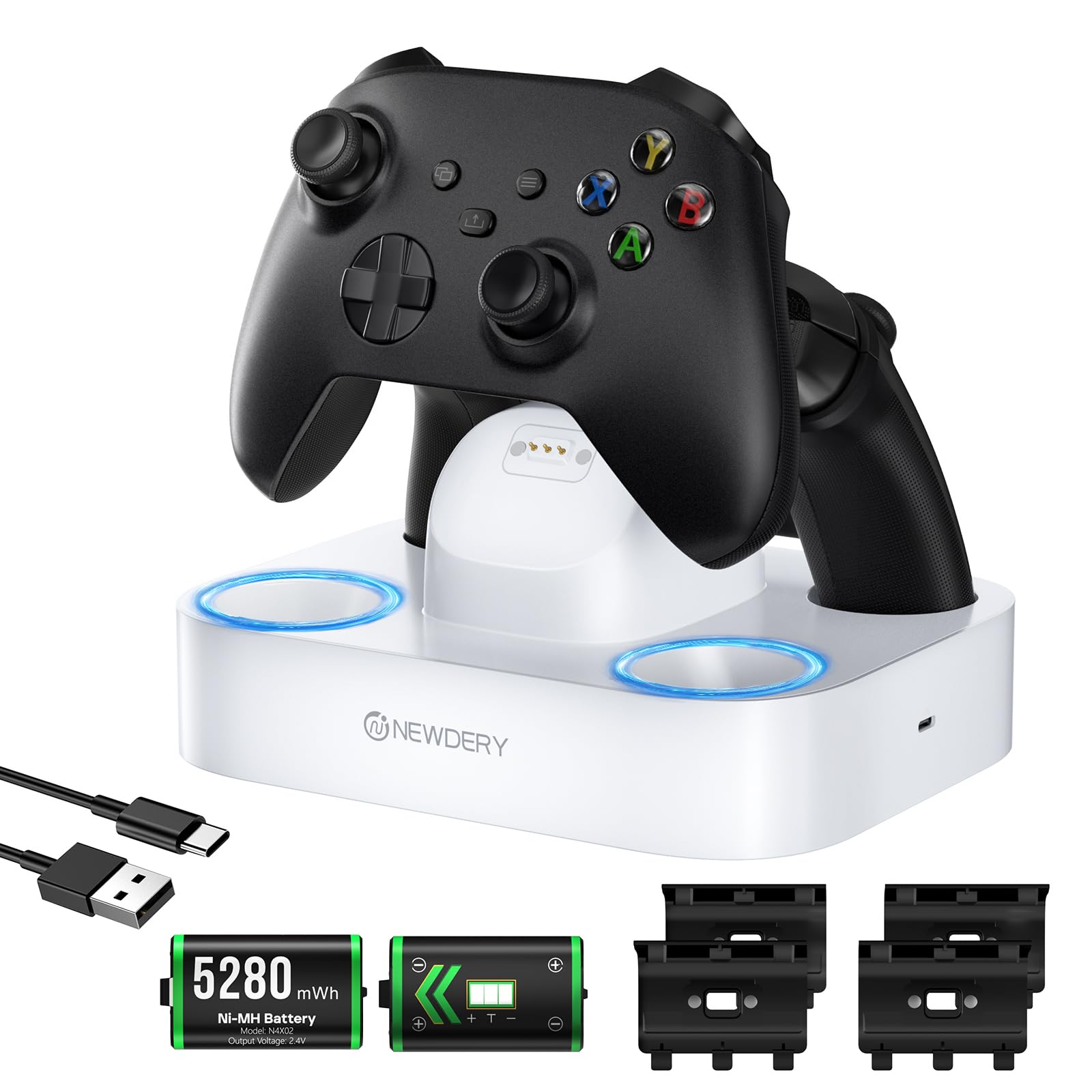 NEWDERY Controller Charger Station for Xbox, 2x5280mWh Rechargeable Battery Packs for Xbox One/Series X|S Controller, Dual Charging Dock for Xbox Controller with 4 Battery Covers-White