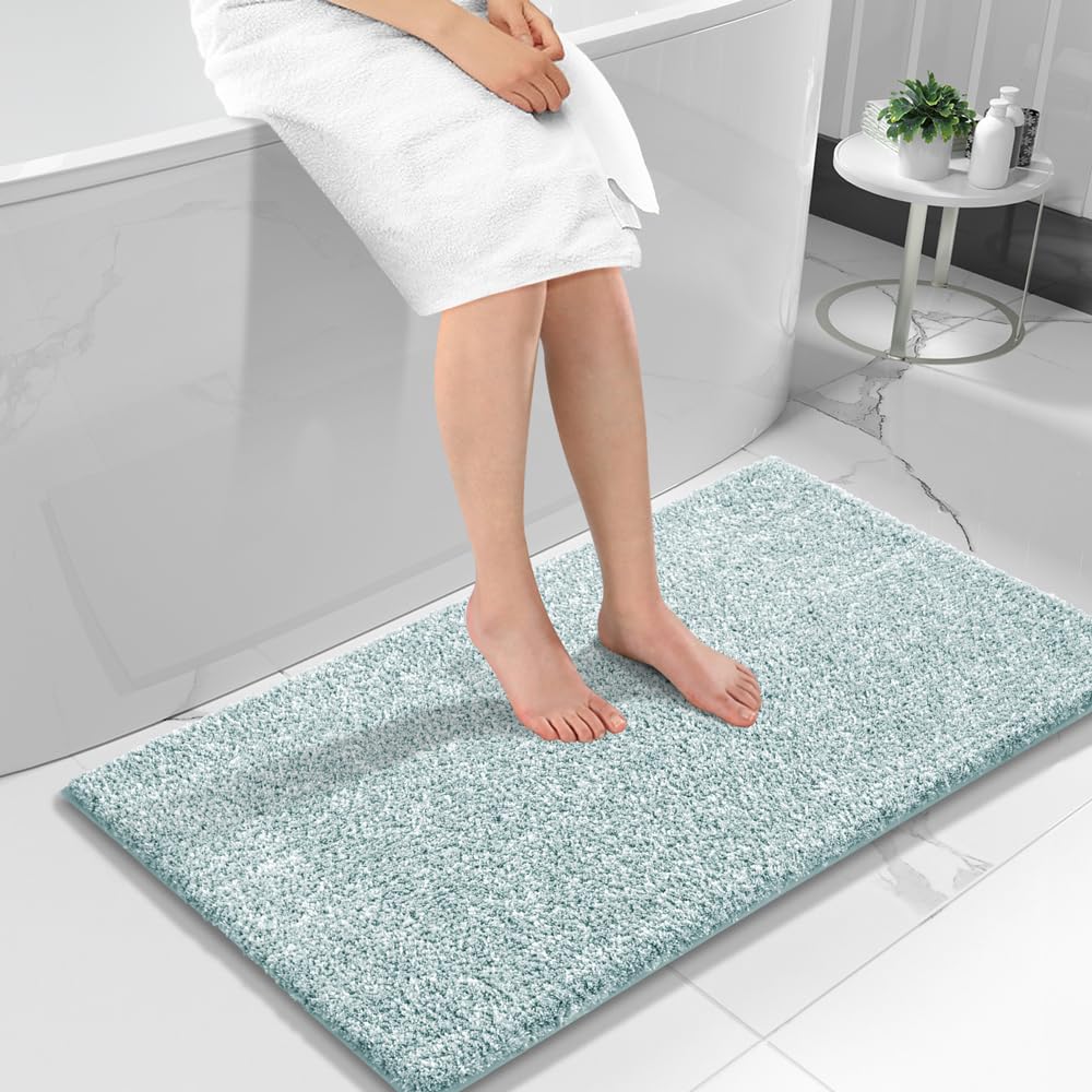 Photo 1 of Yimobra Long Bathroom Rug Non Slip Washable, Soft Absorbent Microfiber Bath Mat, Dual-Tone Decor Rug with Rubber Backing for Bathroom Floor Tub and Shower,44x24,Home Essentials,Light Blue and White