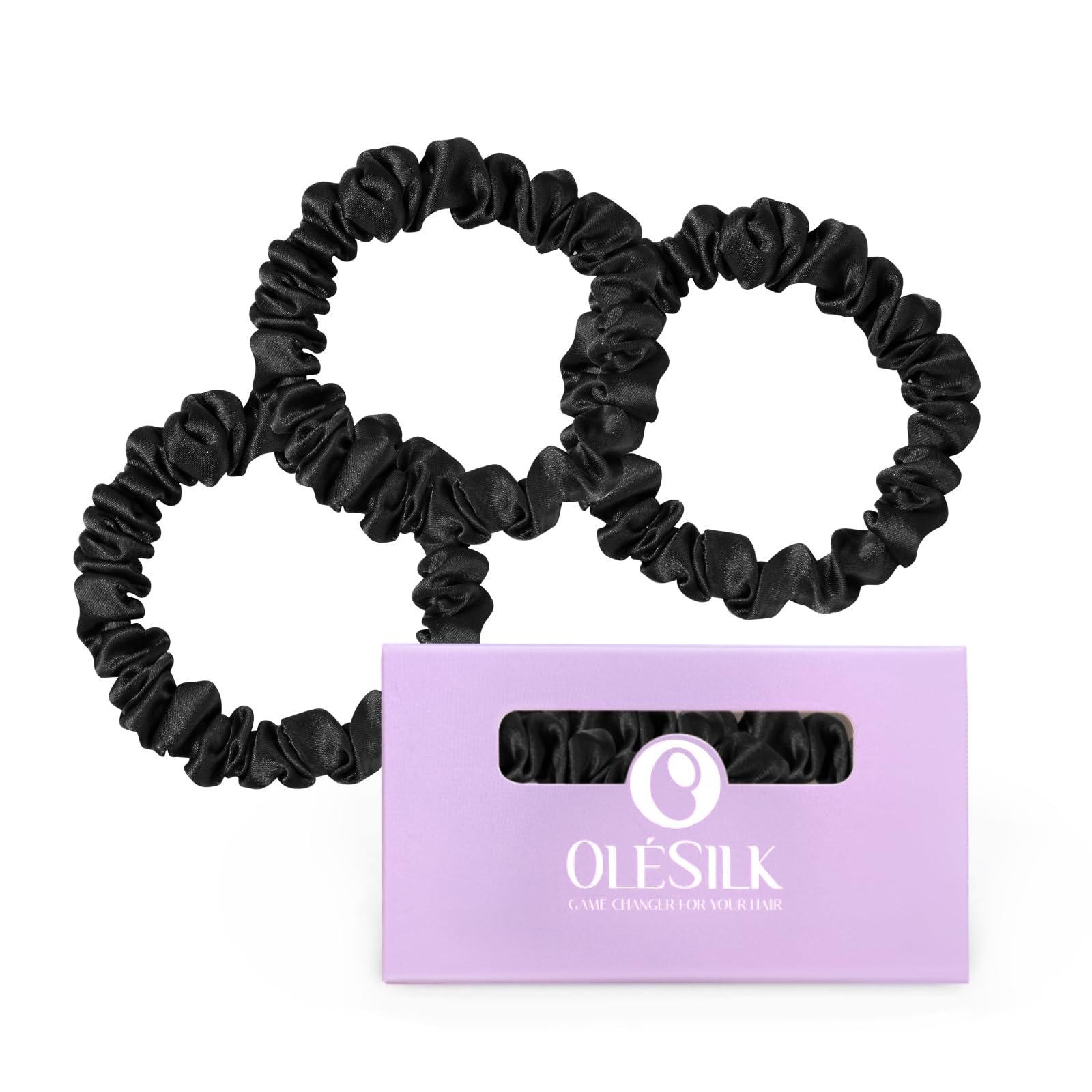 Photo 1 of OLESILK Silk Hair Ties for Women: 100% Mulberry Skinny Silk Scrunchies, Soft Smooth No Damage No Crease for Thin Fine Curly Hair 3 Pack, Black