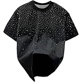 OYOANGLE Men's Big and Tall Rhinestone Sparkly Short Sleeve T Shirt Drop Shoulder Summer Tees