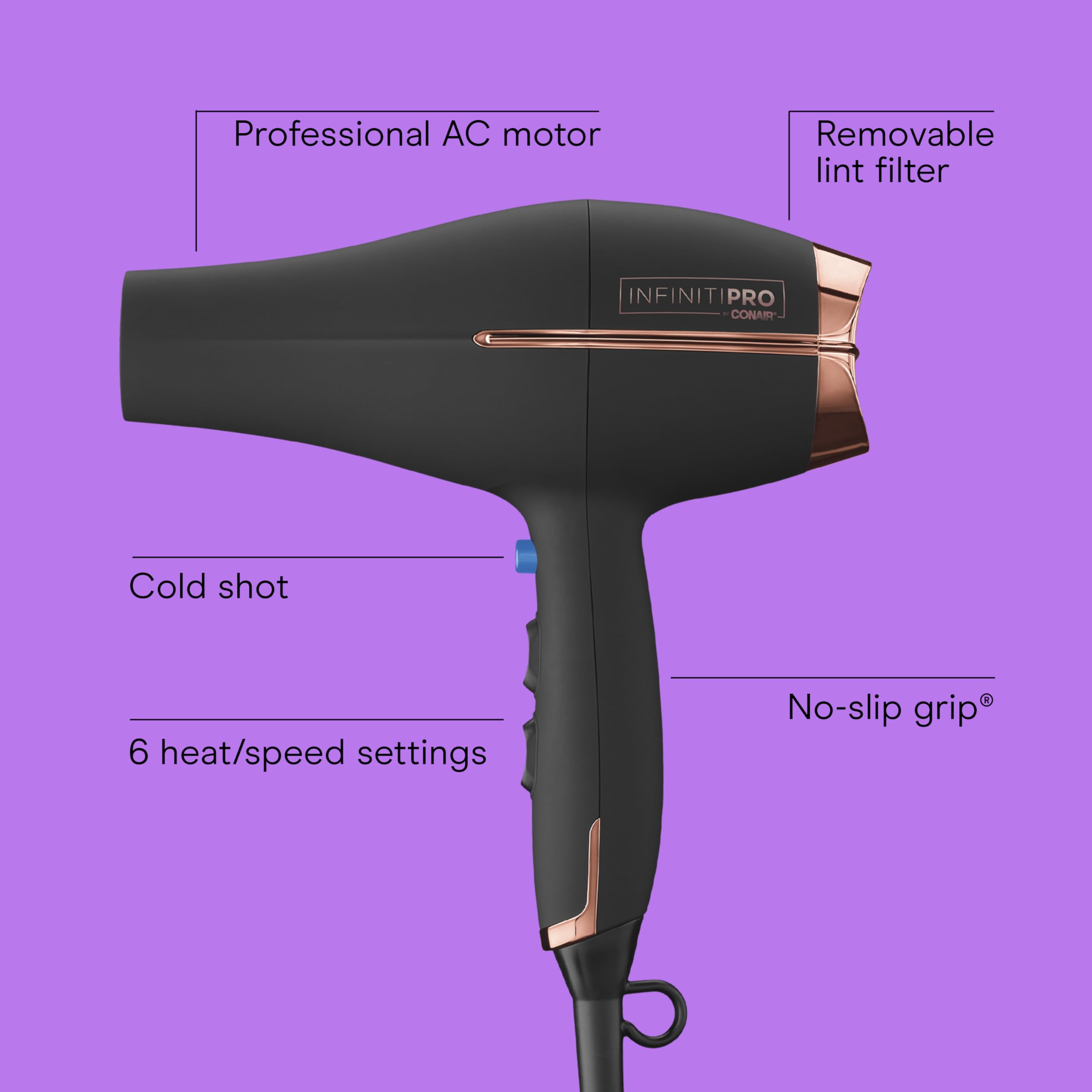 INFINITI PRO by CONAIR Hair Dryer, 1875W Blow Dryer with Diffuser and Concentrator, Ceramic Technology, 3 Heat & 2 Speed Settings, Cold Shot Button, Black