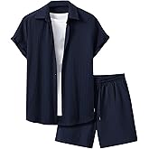 VIPWOLF Men's 2 Piece Vacation Outfits Short Sleeve Button Up Cuban Shirts and Drawstring Waist Beach Shorts