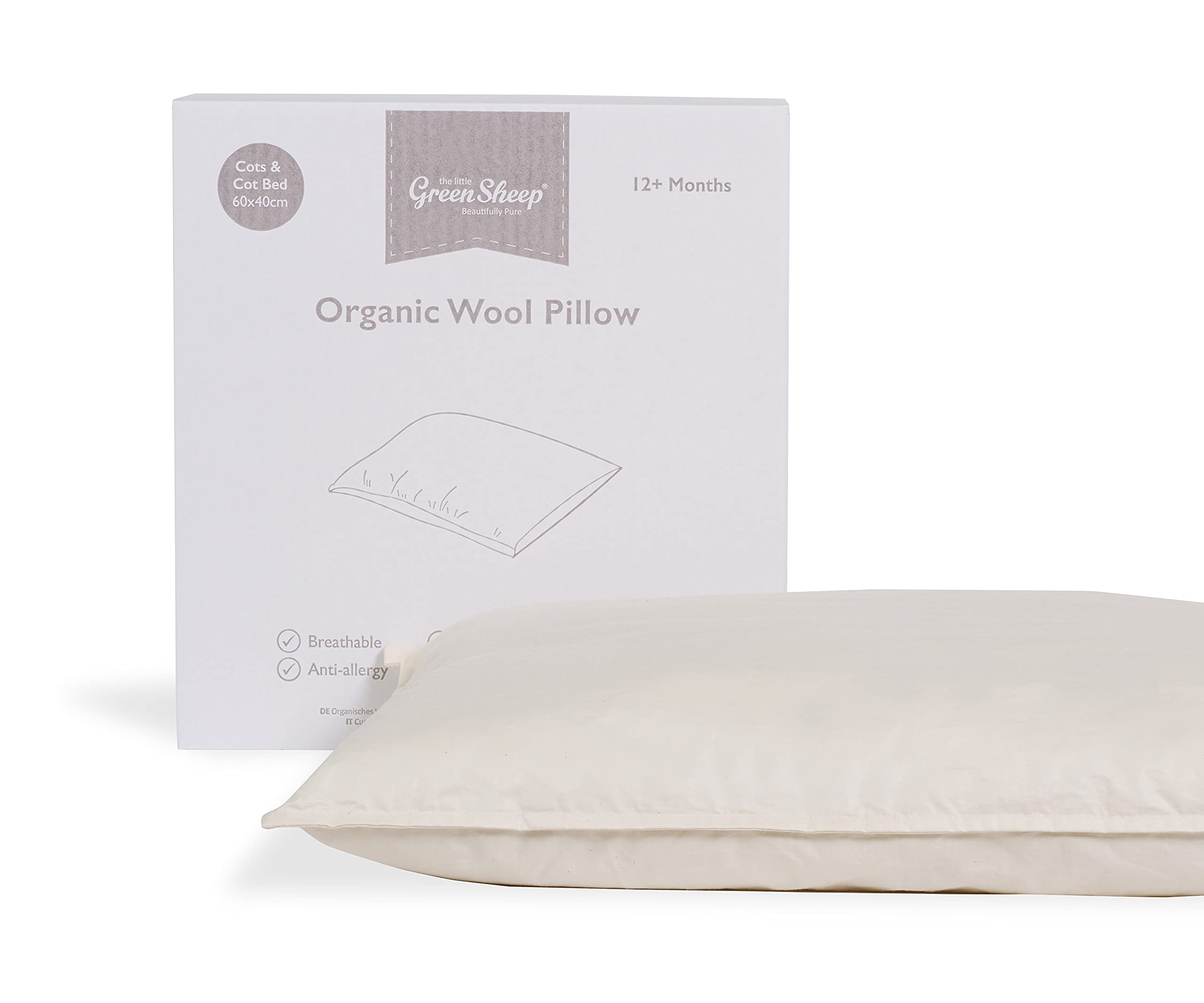 The Little Green Sheep Organic Wool Cot Pillow for Toddlers - Gently Moulding for All-Around Comfort - 40x60cm