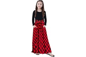 KYMIDY Girl Maxi Dress Kids Casual Buffalo Check Plaid Long Sleeve Dresses with Pockets(6-14yrs)