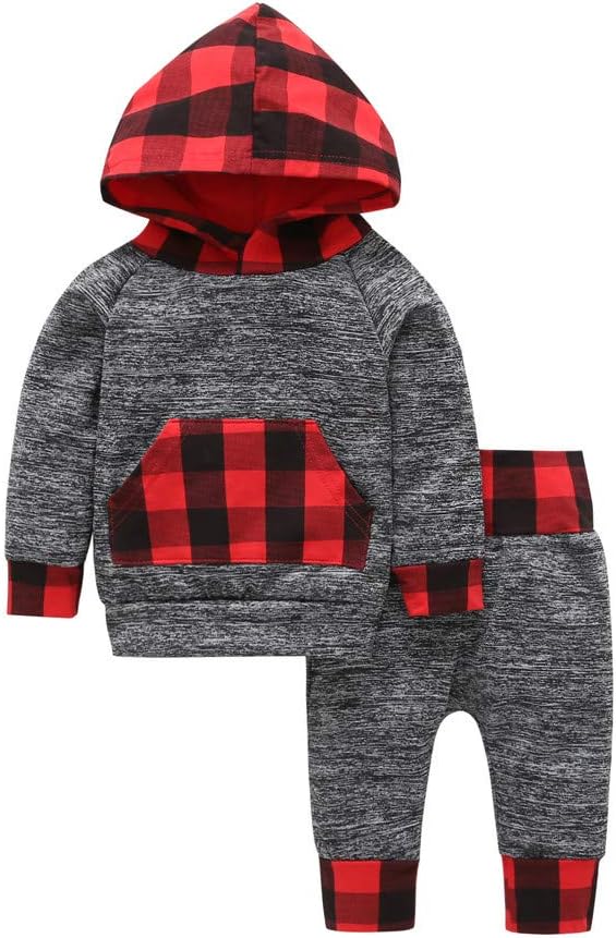 Baorong 2 Pcs Toddler Boys Girls Long Sleeve Gray Grid Hooded Sweatshirt Trouser Clothes Outfits 12-18 Months