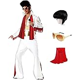 Luming Men's 50s Rock Star Disco Outfit Costume Halloween Costume Adult for Men 5PCS: Jumpsuit Wig Sunglasses Belt Red Scarf