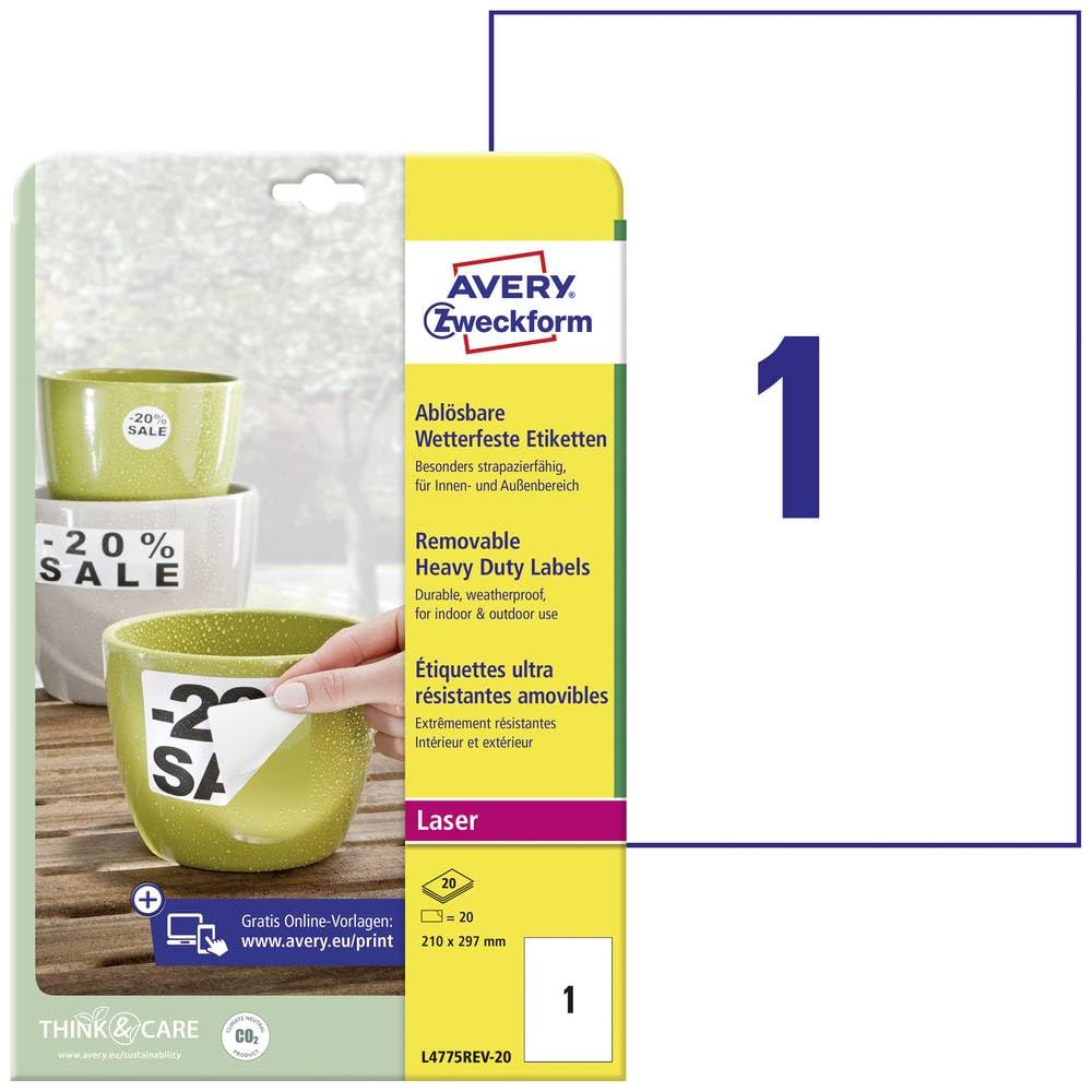 AVERY L4775REV-20 Self-Adhesive Removable Polyester Labels with Customisable Printing 210 x 297 mm Pack of 20