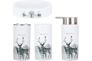 4pcs Deer Print Bathroom Set with Toothbrush Holder, Cup, Soap Dish, Dispenser for Organized Countertop Bathroom Accessories