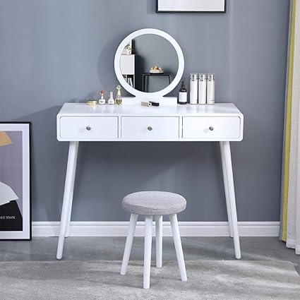 Bonchoice Scandinavian White Dressing Tables Set Vanity Table Makeup Desk With Stool And Round Mirror Bedroom Cloakroom Dressing Room Modern Best Gift For Girl 3 Drawers White 2 Amazon Co Uk Kitchen Home