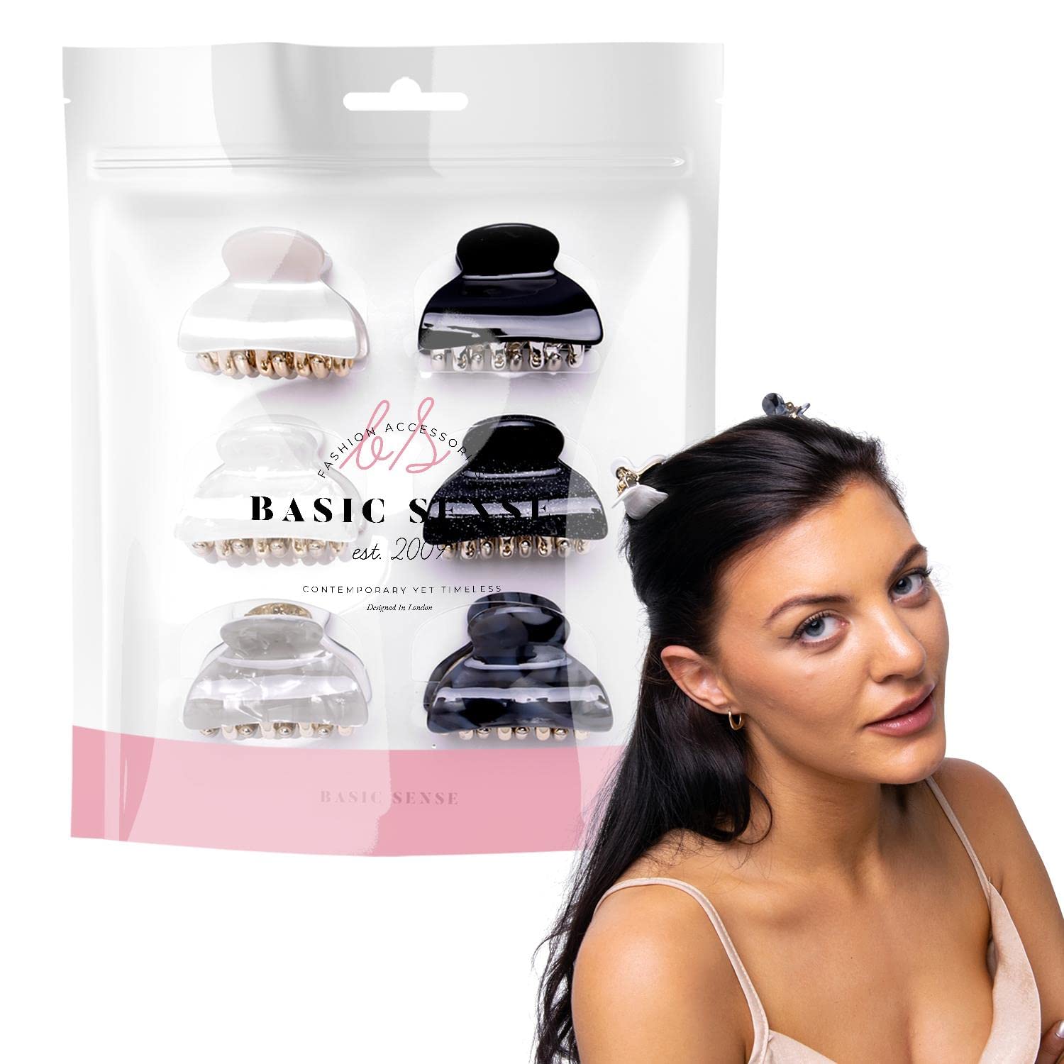 BasicSense 6PCS Hair Claw Set Sturdy Glitter Marble Clamp Clips Set for Women Girls Small hair grips, Black and White Assortment