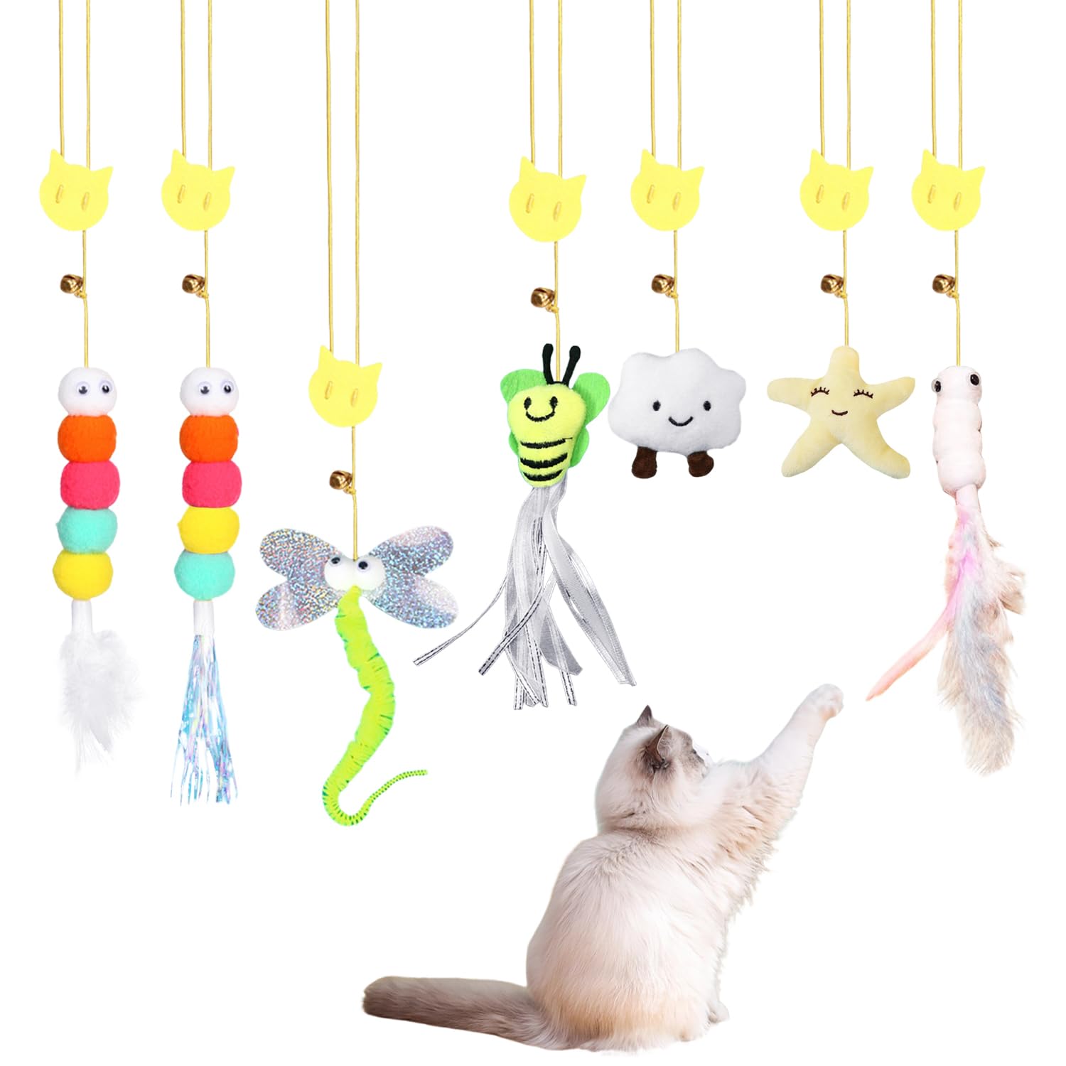 USHXVG 7 Piece Cat Toys - Door Hanging Retractable & Plush Spring Toys, Interactive for Indoor Cats