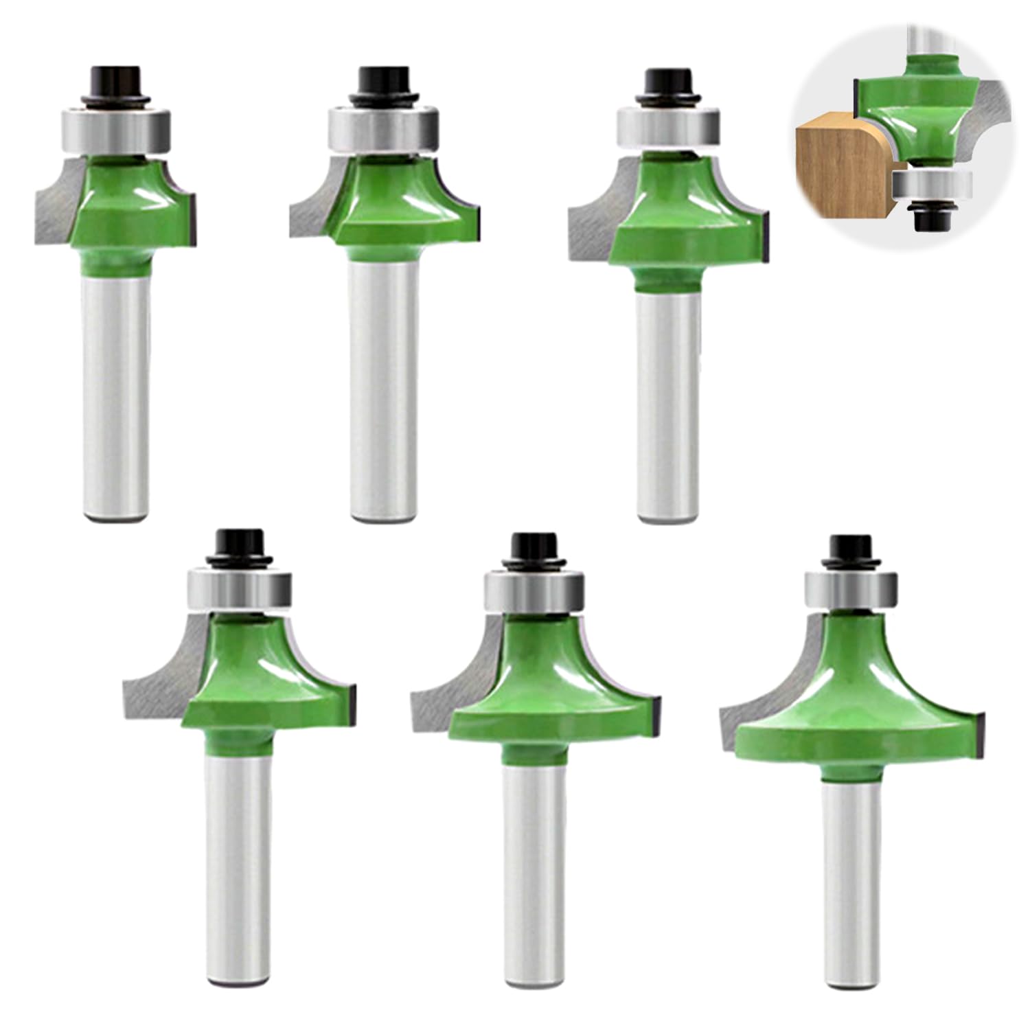 JReHuiG Pack of 6 Rounding Cutters, 8 mm Shank, Carbide & Carbon Steel, Round Over Milling Bits, Router Bit Set, 6 Radii: 1/8" - 1/2"