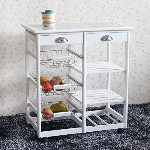 image for Byya Wood Kitchen Island Storage Trolley Rolling Utility Cart Rack wit