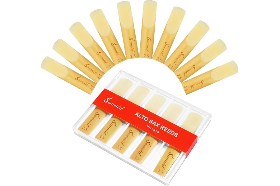 Sovvid 10 Pack Professional Alto Saxophone Reeds with Plastic Box, Strength 2.5 Alto Sax Reeds, Laser Engraved Marking & Thinner Reed Tip for Easy of Play, Traditional Reeds for Saxophone Alto