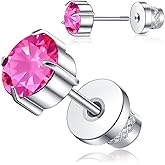 Titanium Screw Back Stud Earrings for Women Men, Hypoallergenic Double Side 5A Cubic Zirconia Flat Back Earrings Birthstone Stud Jewelry 6mm
