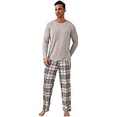 ZEFORTEX Men's Pajamas Set Long Sleeve Top with Plaid Pants Soft Sleepwear Loungewear