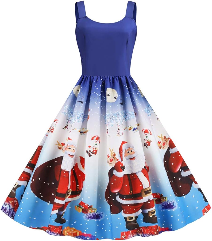 In Stadium Promotions Eucoo Women Vintage Christmas Dress Santa Print Dress Evening Skirt Fashion Elegant Dress Ladies Sleeveless Dress Christmas Dress Lotus Skirt Cheap Blue M Clothing Save Up To 80