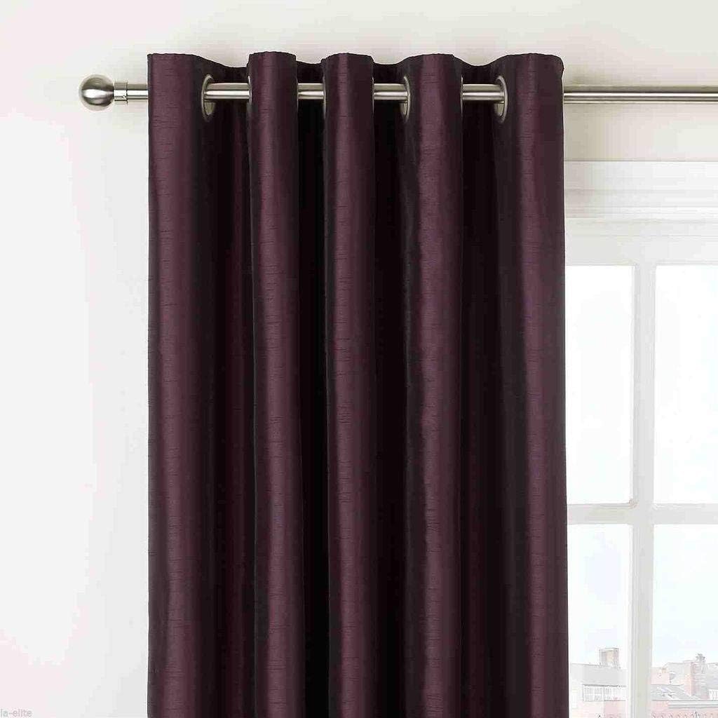 Faux Silk Fully Lined Ready Made Plain Eyelet Curtains with tie Back (Aubergine, 66" x 90")