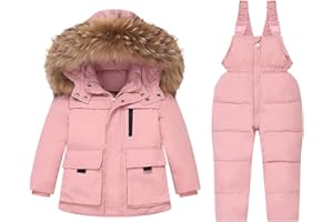 Kids 2 Piece Snowsuit Set Baby Boys Girls Hooded Puffer Jacket and Snow Bib Pants Snow Suits Winter Warm Ski Suits