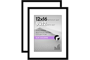 Americanflat 12x16 Picture Frame with Polished Plexiglass - Set of 2 - Use as 9x12 Frame with Mat or Display 12x16 Photo Without Mat - Galleria Collection - Picture Frames for Wall Display - Black