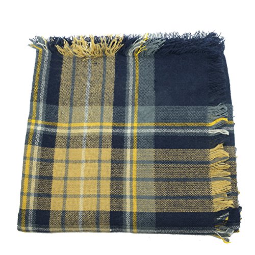 Women's Soft Warm Plaid Tartan Tassels Scarf Fall Winter Large Checked Blanket Scarves Wrap Shawl Pashminas Yellow Navy