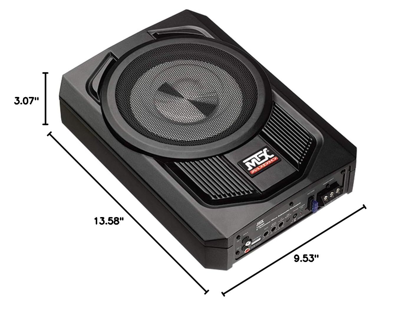 MTX TN8MS Terminator 8 Inch Micro Compact Amplified Subwoofer Enclosure for Small Vehicles with Class A/B Amplifier, Variable Bass Boost, External Bass Control, and Smart Engage Auto Turn On Circuitry