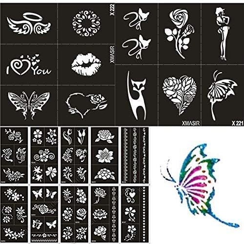 XMASIR Temporary Tattoo Stencils Kit for Women Kids Glitter Airbrush Tattoo Stencil Wrist Body Art Tattoo Templates Mixed 58pcs Flower Pattern