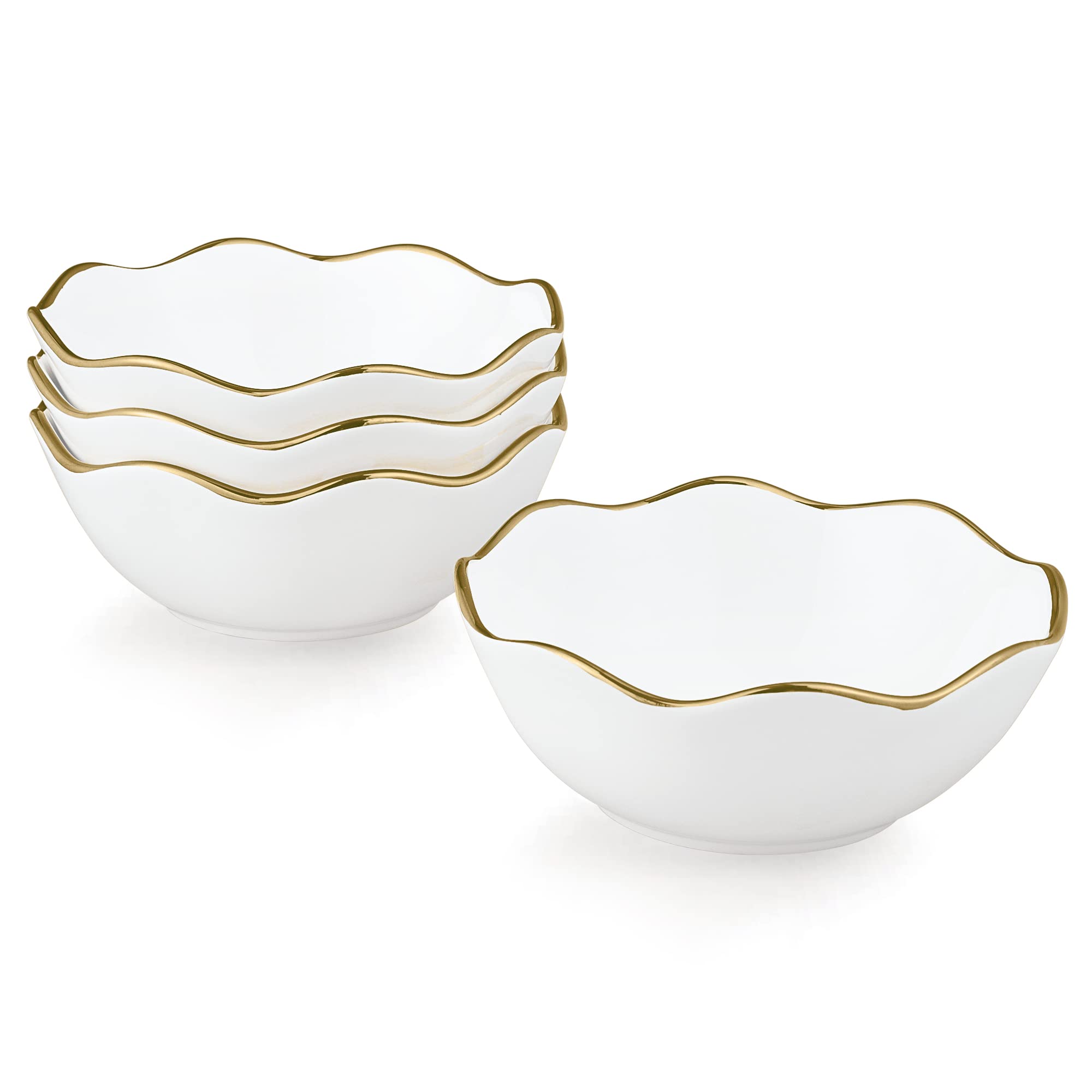 fanquare White Ceramic Soup Bowls Set of 4, Porcelain Breakfast Cereal Bowls, Chinese Rice Bowls with Golden Rimmed