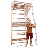 Kids Swedish Ladder Wall Gym for Indoor Active Play - Adjustable Pull-Up Bar, Rope Ladder, Gymnastics Rings, Swing &amp; Climbing Rope, 5in1 Gym Set for Ages 3-16 (75 Inch, Natural Wood Color)