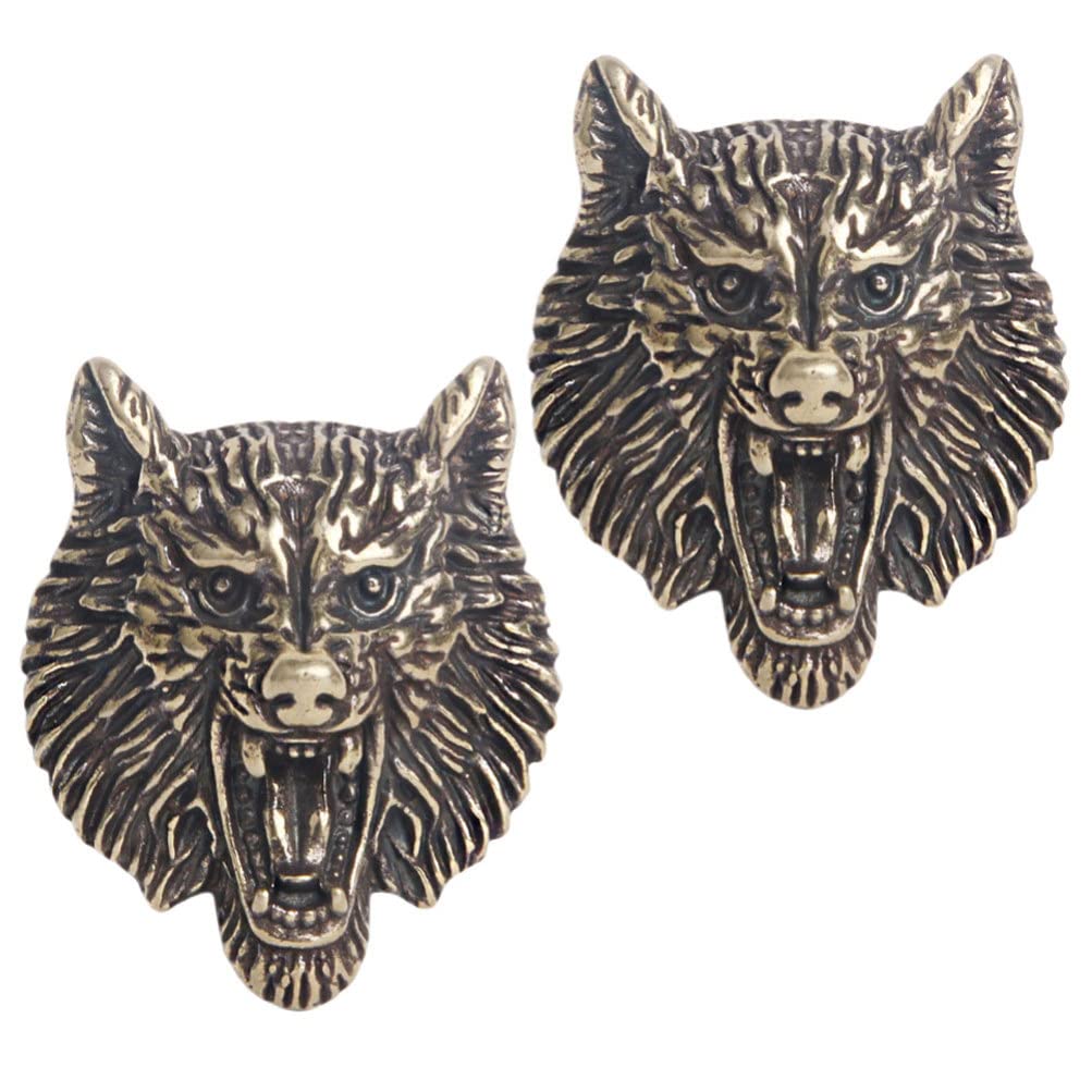 SEWACC Wolf Head Buckle 2pcs Brass Wolf Head Button Vintage Engraving Wolf Head Bag Decorative Buckles Metal Screw Back Buttons Diy Conchos Buckle for Leathercraft Making Accessories