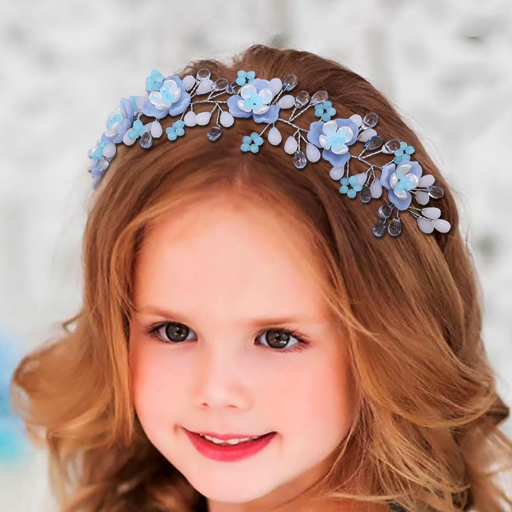 IYOU Flower Girl Headband Blue Floral Princess Headpiece Crystal Communion Bridal Wedding Hair Accessories for Girls