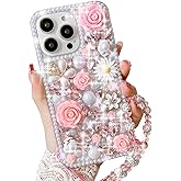 Changjia for iPhone 13 Pro Max Glitter Bling Case, Cute Luxury 3D Crystal Rhinestone Flowers Diamond Pearl with Wrist Strap Bracelet Chain Women Girls Case Cover for iPhone 13 Pro Max 6.7Inch (Pink)
