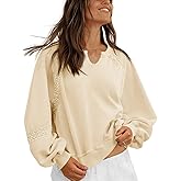 Fisoew Womens Casual Sweatshirt Lantern Long Sleeve V Neck Lace Loose Fit Fall Pullover Tops Beige