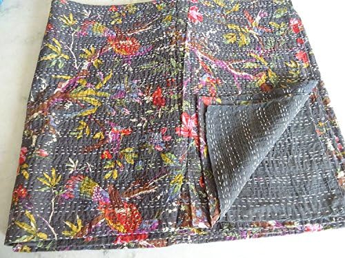 Sovereigns Cotton Hand Made Bird Print Kantha Quilt Blanket, Bed Cover, Bedspread, Bohemian 90x108Inches (Multicolour, SOV-0481)