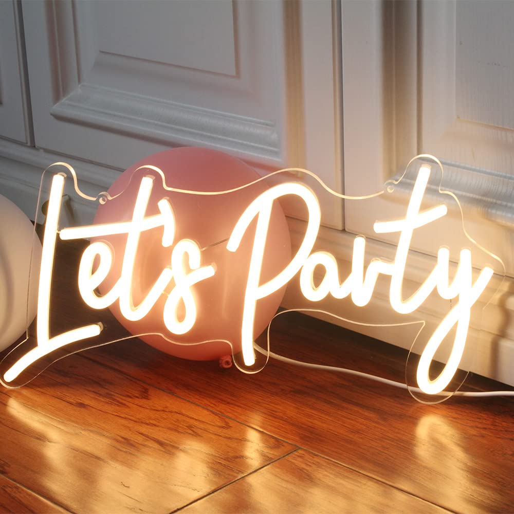 DAKABUKA Lets Party Neon Sign Warm White LED Neon Let's Party Light Signs for Wall Decor Bachelorette Party Wedding Engagement Birthday Party with Dimmabel Switch (16x7.6inches) 5V USB, Warm White1
