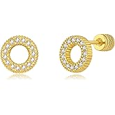 Seraphina 14K Gold Plated Circle Halo Stud Earrings for Women Cubic Zirconia Hypoallergenic Screw Back Flatback Cartilage Helix Earrings