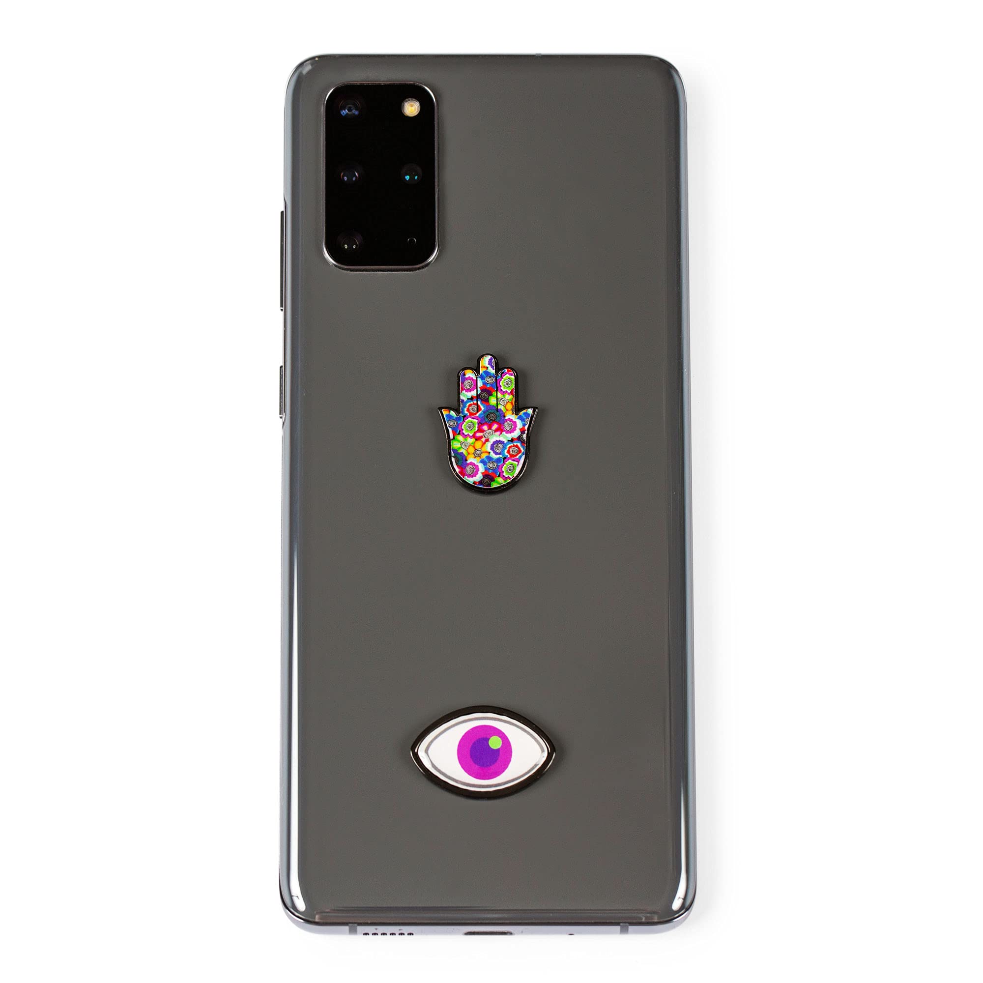 Platters and Pearls Metal Charm Stickers for Cell Phone Cases. Purple Evil Eye and Hamsa. Set of 2 Reusable & Removable. Leaves No Residue. Universal Spiritual Symbols of Protection and Good Luck. (Purple Evil Eye and