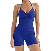 SUUKSESS Women 2 Piece Seamless workout Sets Halter Backless Impact Longline Strappy Tank Top Sport Gym Yoga Bike Shorts