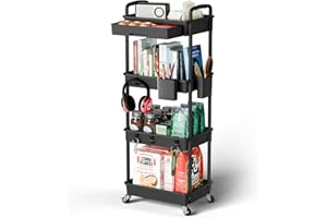 Sorgion 4 Tier Rolling Cart Organizer,Art Craft Diaper Bedside Snack Laundry Room Bathroom Organizer Narrow Thin Slim Rolling Trolley Utility Cart with Wheels for Kitchen,Office(Black)
