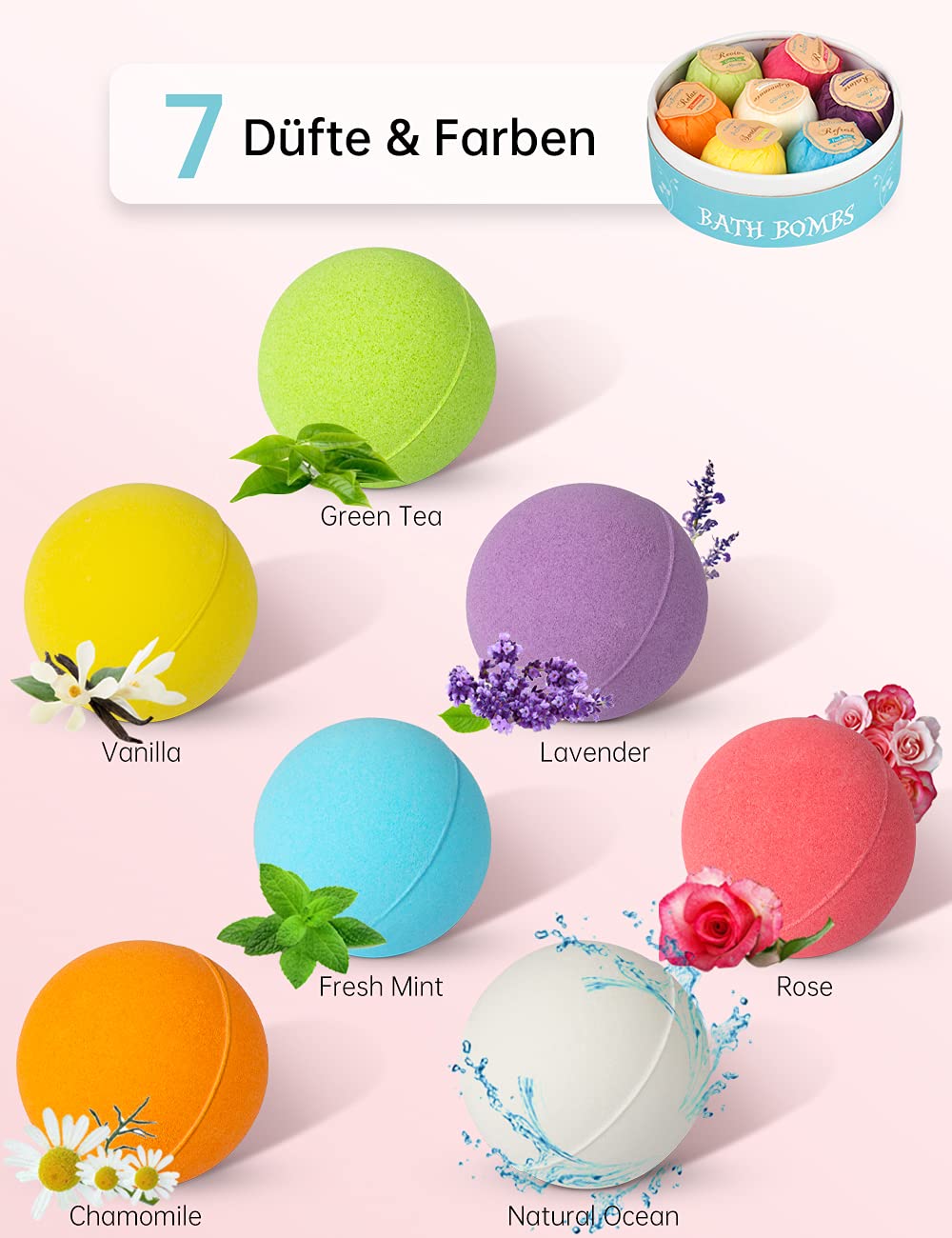 Aofmee Badebomben Geschenkset, 7pcs Badekugeln, Geschenke für Frauen, Freundin, Kinder, Mama, Badezusatz, Schaumbad, , Badekugel für Geburtstags Weihnachts Valentinstag 3
